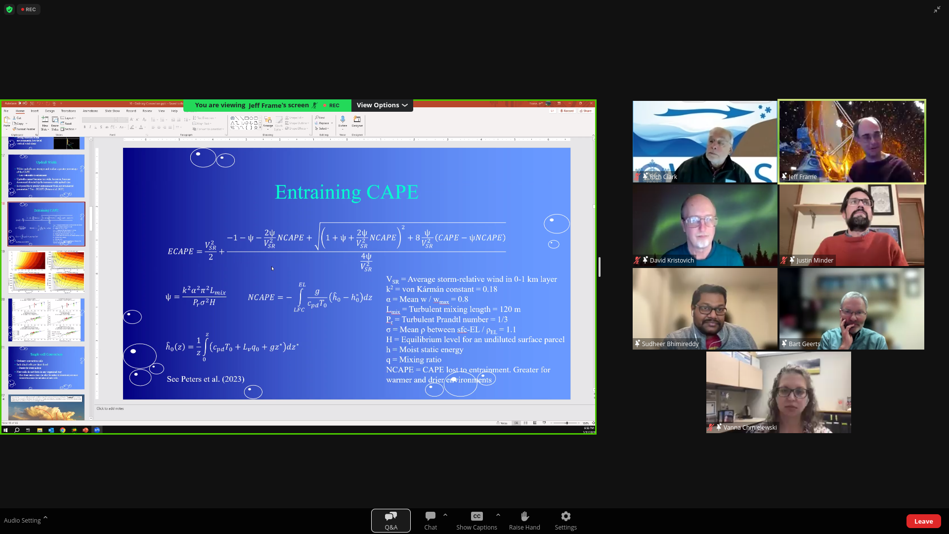 A screenshot of a Zoom meeting featuring 7 PhD meteroologists on the right, and a screen showing a slide labeled Entraining CAPE with formula resembling every high schoolers' math nightmare: radicals, integrals, greek letters and a legend decoding the greek letters into other indesipherable acronyms