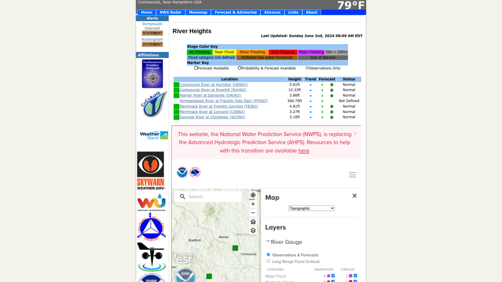 Screen capture of the River levels page with an embedded page of the National Water Prediction Center. An informational message about updates take up the top sixth of the screen, while the map legend slides in from the right and obscures half the map