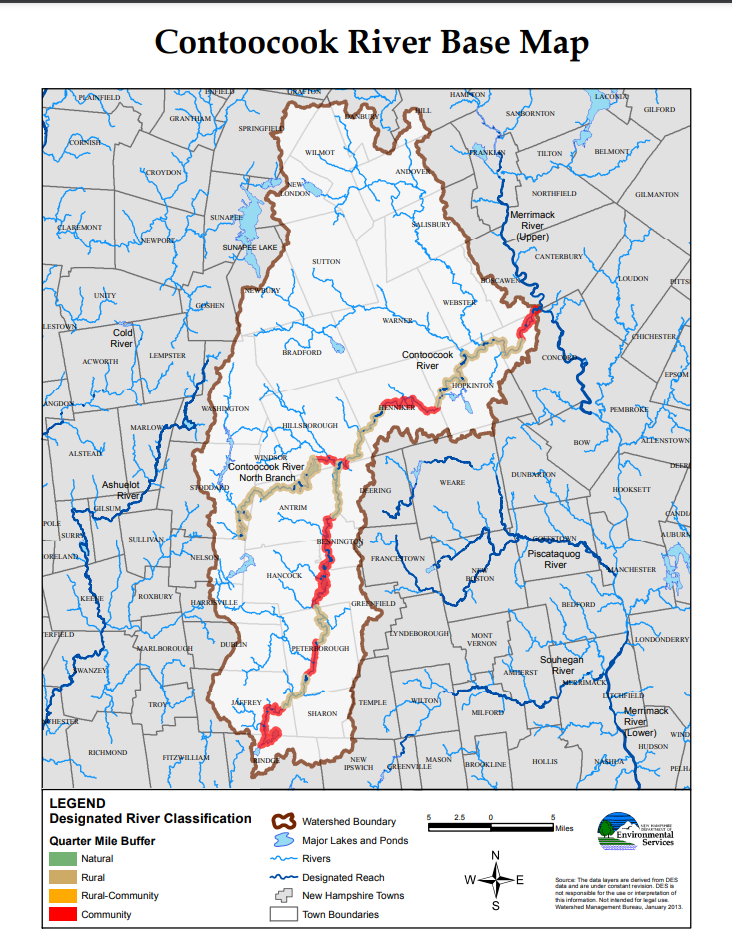 Map labeled "Contoocook River Base Map" showing tributaries of the Contoocook river from Wilmot in the north to Ringe in the south, Boscawen and Concord in the east (where it flows into the Merrimack) and Washington, Stoddard, Nelson and Harrisville in the west.