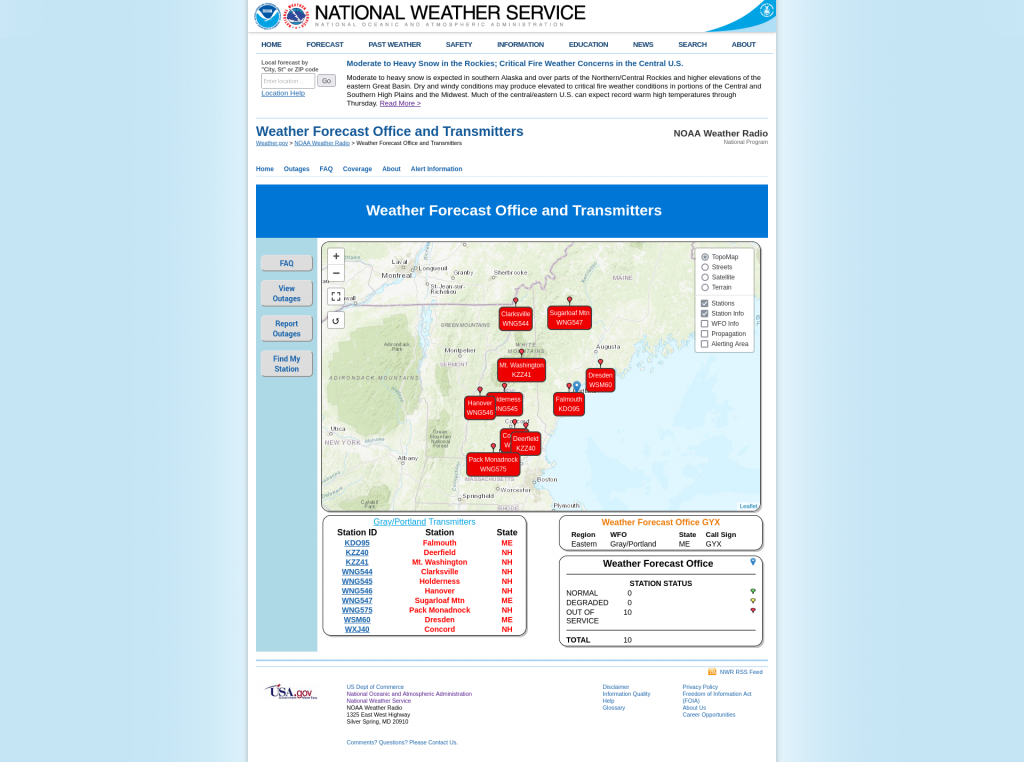 National Weather Service page for the Weather Radio transmitters for the Gray, Maine (GYX) network, showing all ten stations were out of service